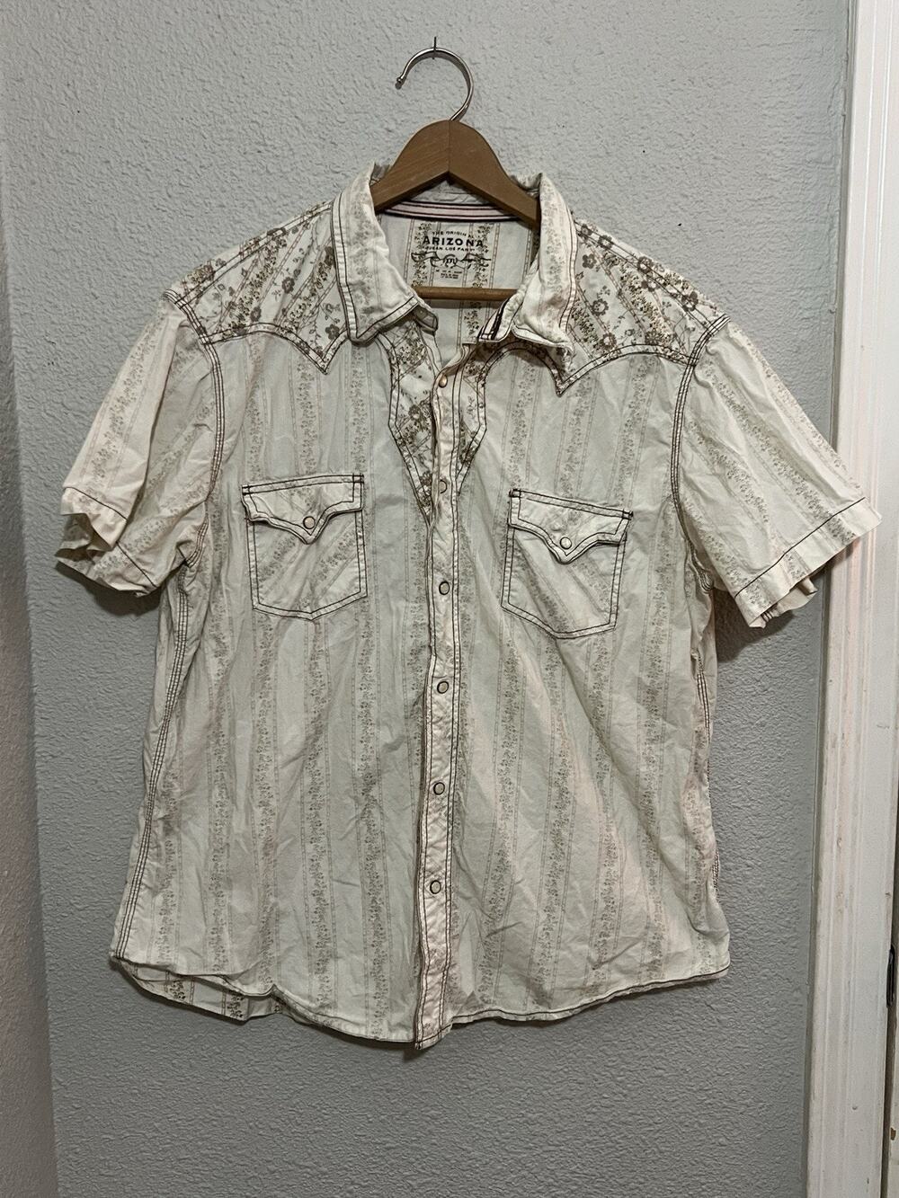 Arizona Jean Company Western Shirt Men XXL Beige Brown Pearl Snap Skull Calico